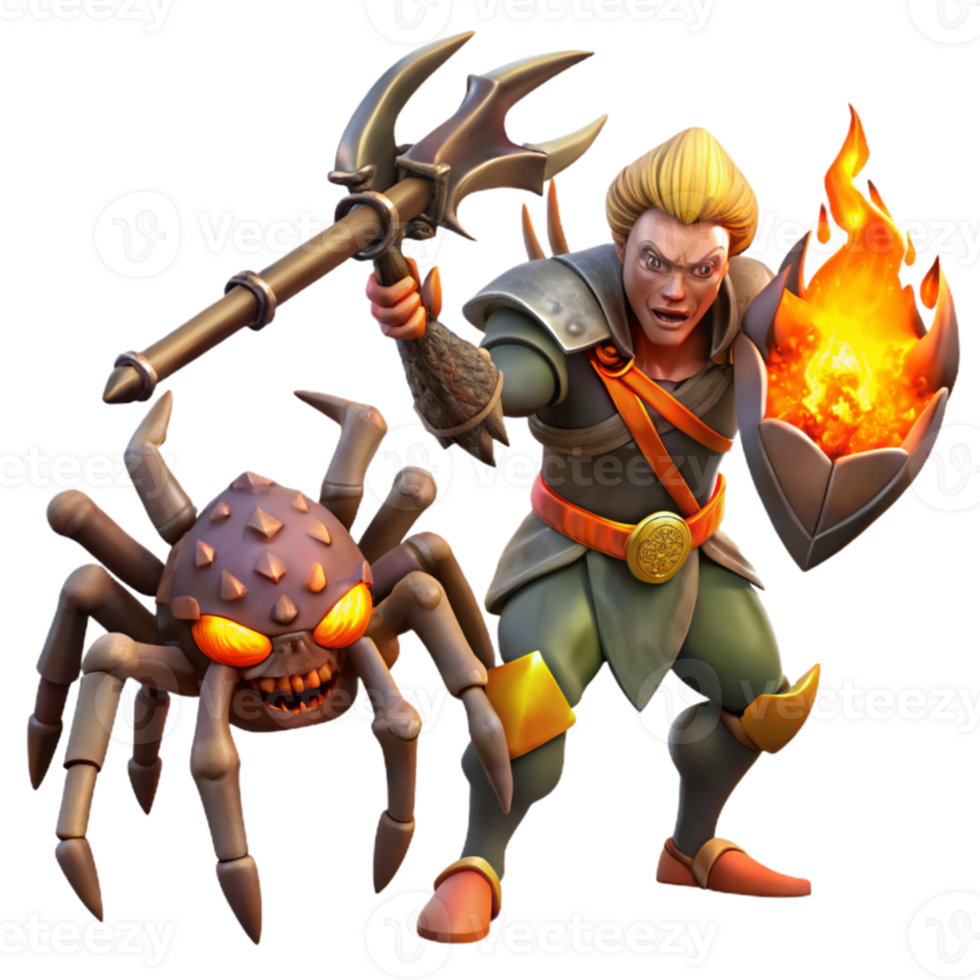 extraordinary classic A fierce warrior wielding a flaming battleaxe, charging towards a giant spider. Dark fantasy style high resolution png