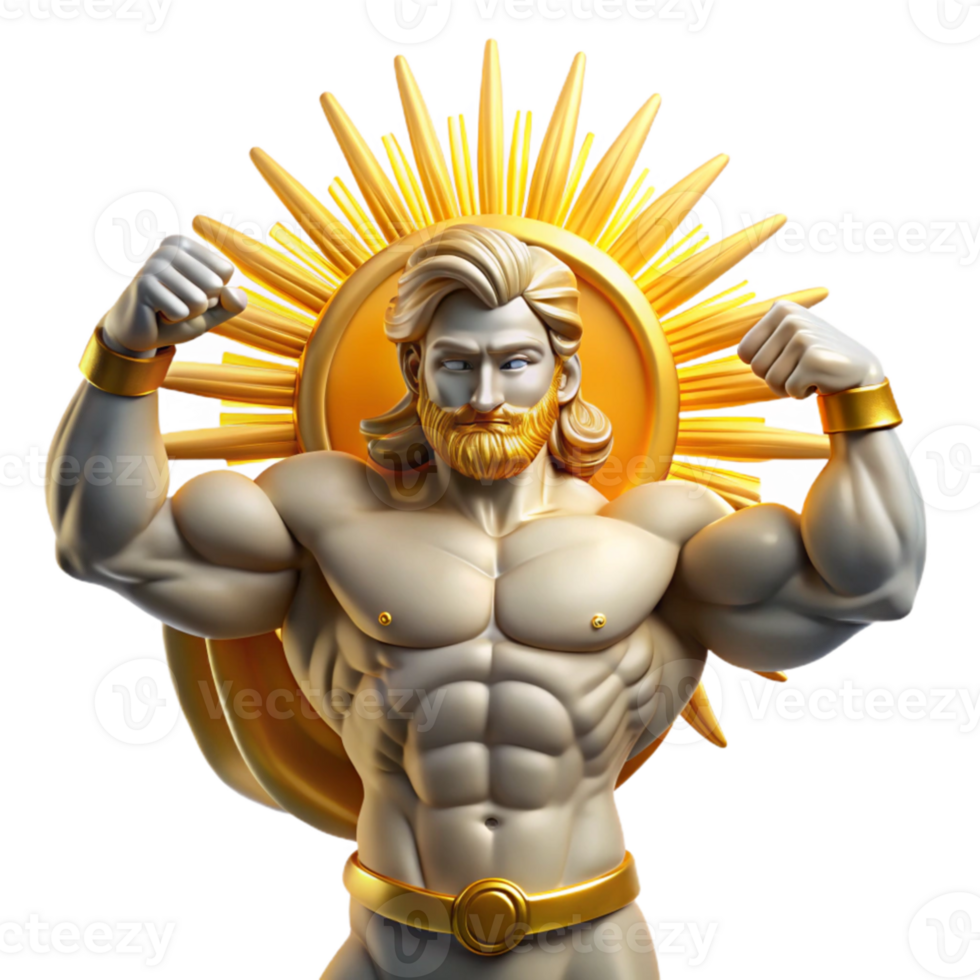 extraordinary classic A powerful titan holding up the sky, muscles straining under the immense weight, lit by the golden rays of the sun, in a classical Greek style premium png