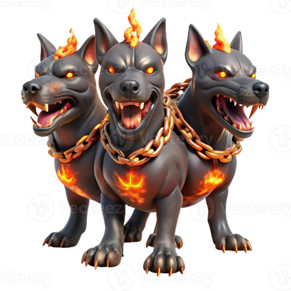 vibrant minimalist A three-headed Cerberus, each head with a different expression rage, sorrow, curiosity, chains of glowing embers wrapped around its body, dark fantasy art style, dimly lit premium png