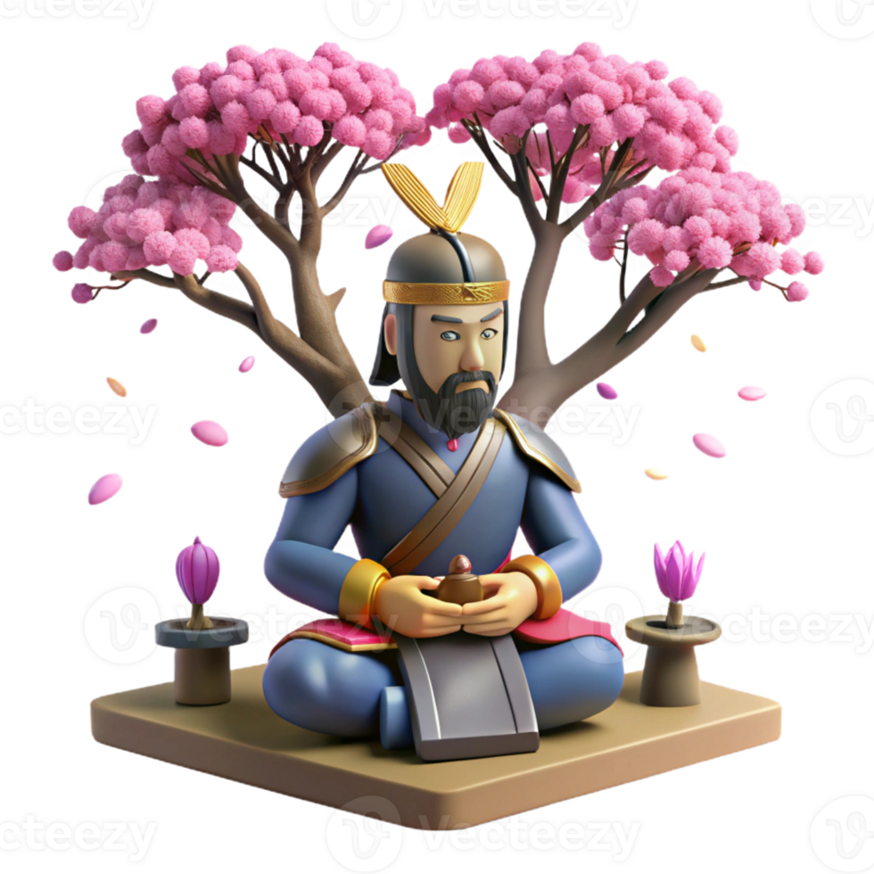 elegant minimalist A samurai warrior meditates beneath a cherry blossom tree, soft, diffused lighting, ukiyo-e woodblock print style genuine png