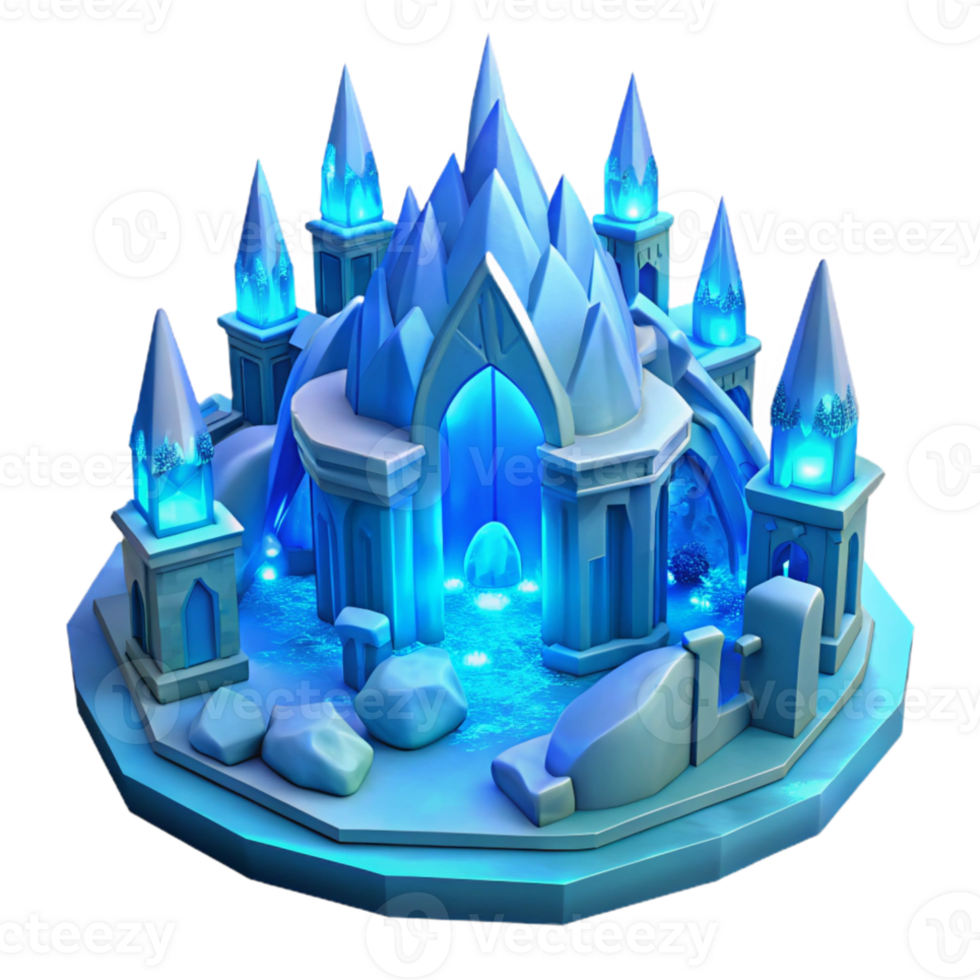 serene creative Ice palace, intricate ice sculptures, glowing blue interior lighting, magical atmosphere, fantasy style professional png