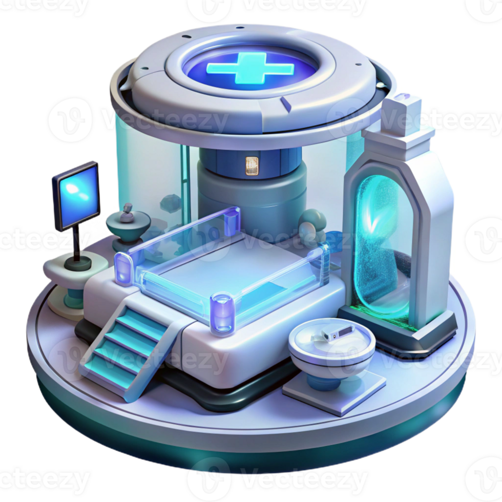 serene creative A futuristic medical facility with holographic displays and advanced technology, clean and sterile, medical illustration style original png