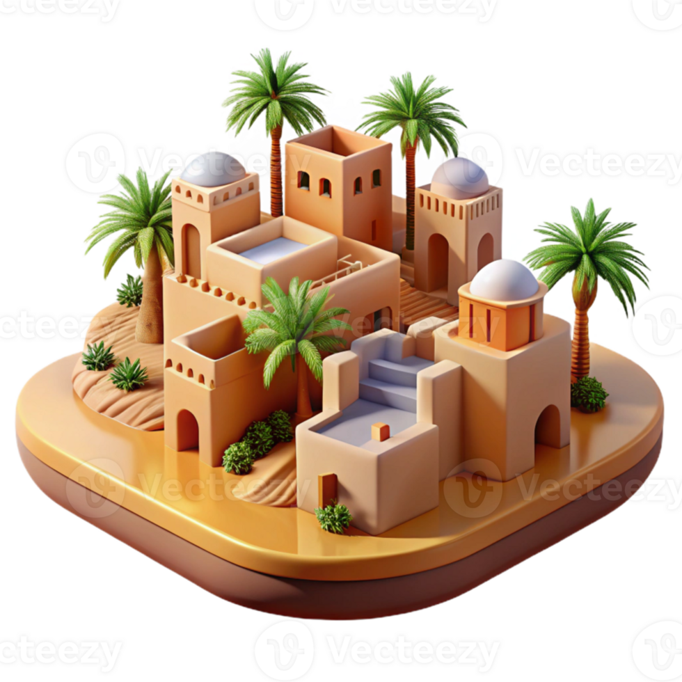 beautiful rustic Desert oasis city, adobe buildings, palm trees, midday sun, warm colors, realistic render 4K png