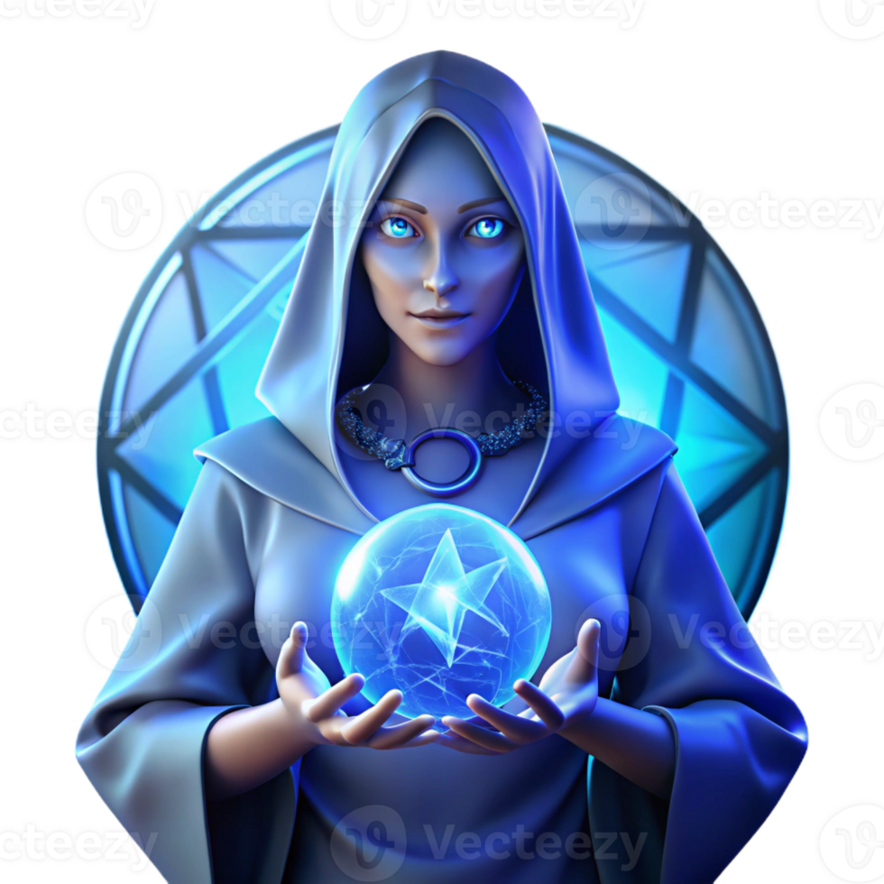 elegant vintage A mysterious, veiled woman holding a glowing crystal ball, surrounded by swirling, mystical symbols, illuminated by an ethereal, blue light. Gothic art style genuine png