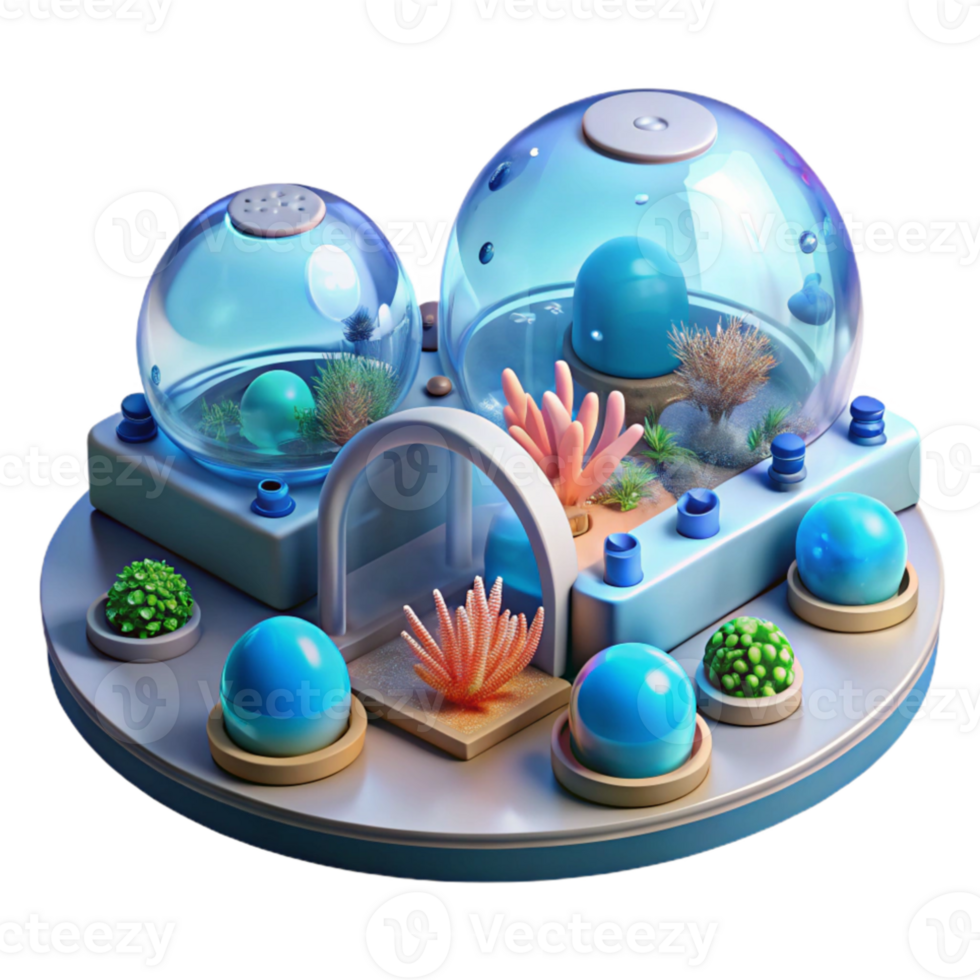 elegant minimalist Underwater research facility, transparent acrylic domes, bioluminescent coral reefs, deep ocean lighting, photorealistic rendering high quality png