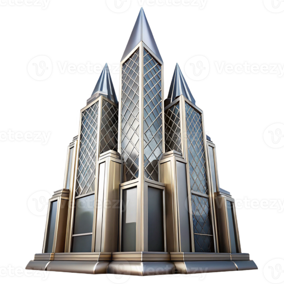 magnificent classic Art Deco skyscraper, chrome and glass, sharp angles, volumetric lighting, high contrast, stylized rendering premium png
