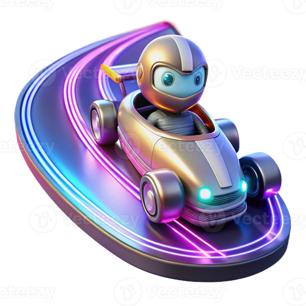 dramatic artistic A robot racing car speeding around a futuristic track, lit by colorful neon lights and speed trails in a racing game style genuine png