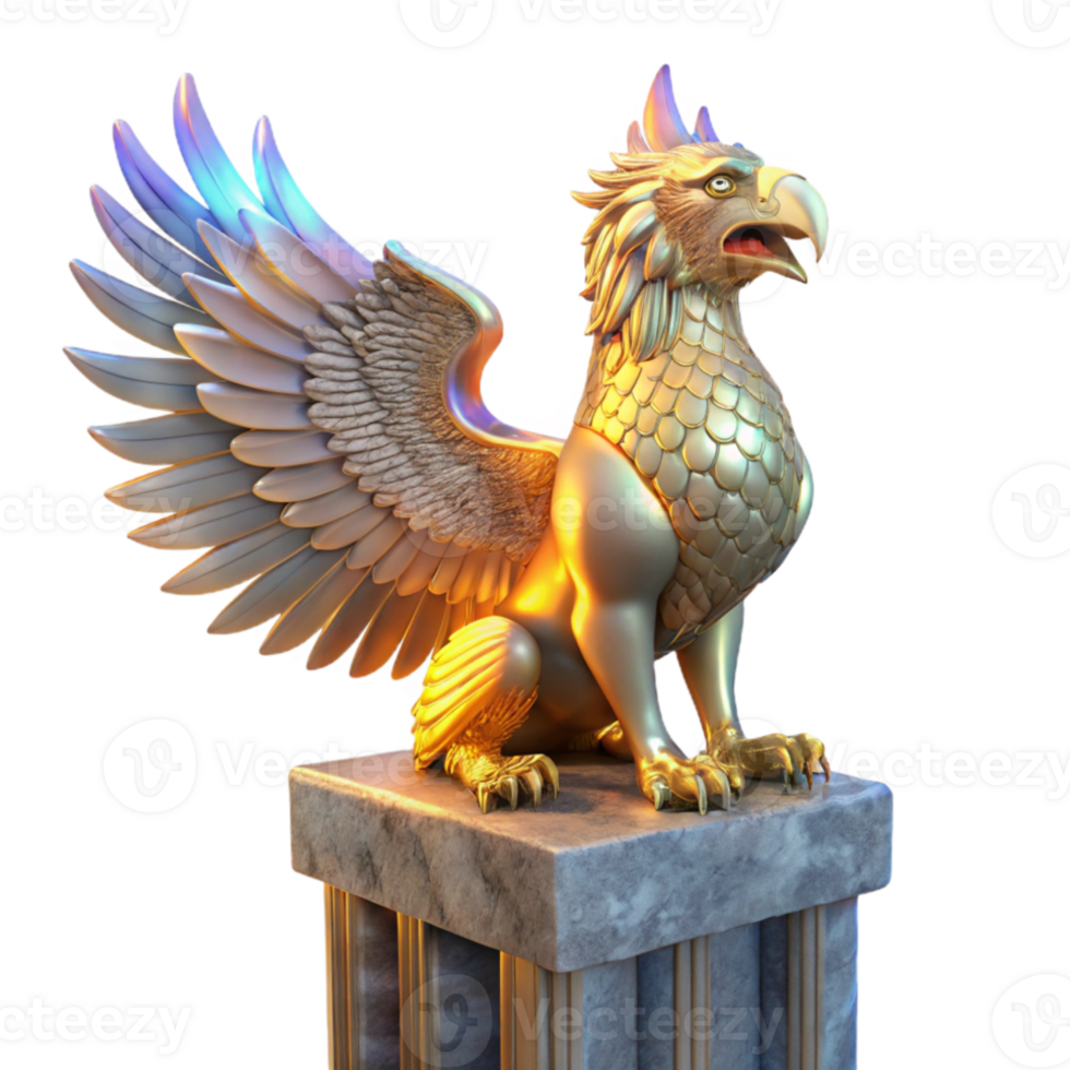 dramatic vintage A majestic griffin with iridescent feathers, perched atop a crumbling marble pillar, lit by a single ray of golden light, in a hyperrealistic style genuine png