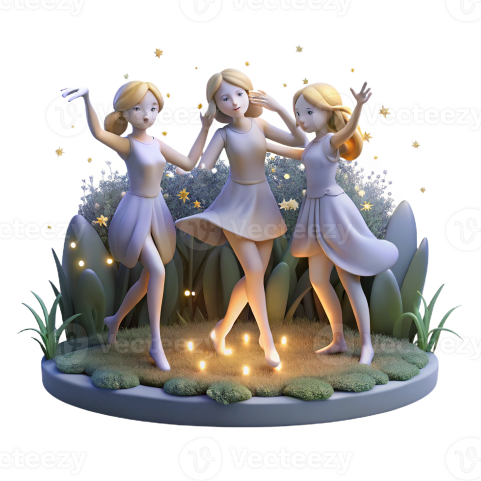 magnificent traditional A group of nymphs, dancing in a moonlit forest clearing, adorned with flowers and glowing fireflies. Dreamlike, ethereal lighting. Romantic style original png