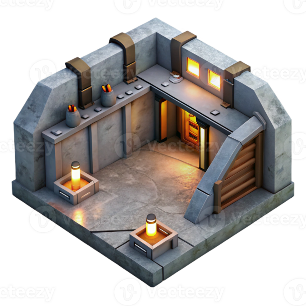 serene creative Underground bunker, concrete walls, artificial lighting, claustrophobic atmosphere, dystopian style detailed png