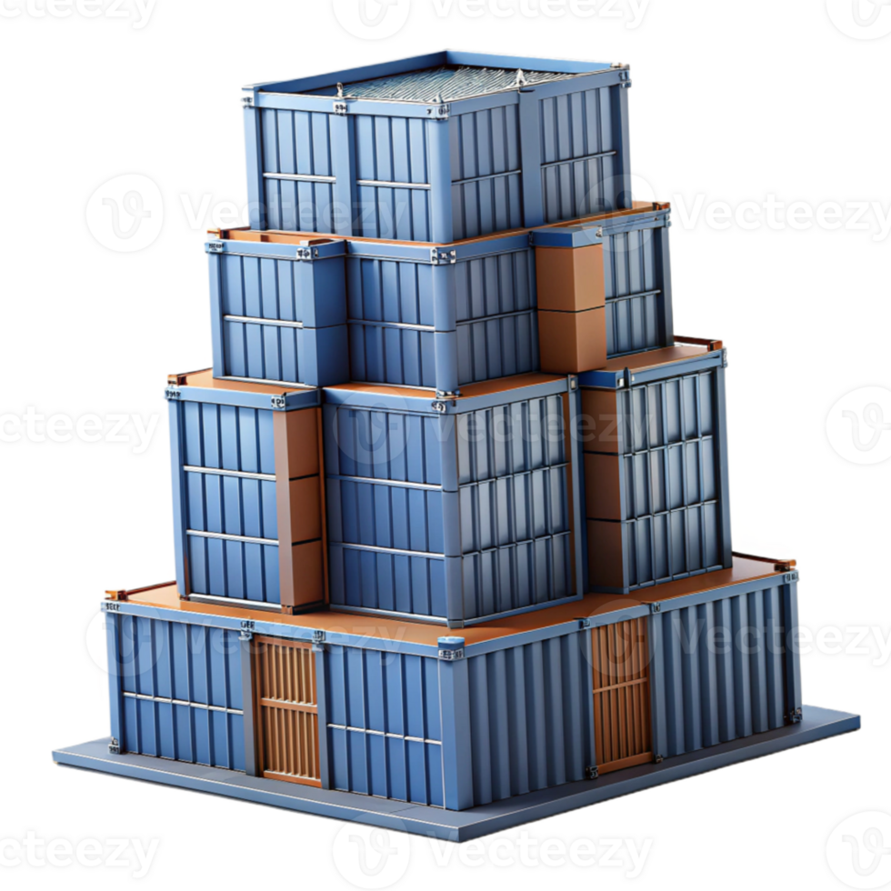 magnificent abstract A towering skyscraper made of stacked shipping containers, industrial aesthetic, gritty realism high quality png