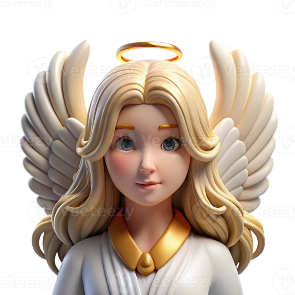 elegant artistic Portrait of a celestial angel with large white wings, flowing golden hair, and a serene expression. Divine, radiant lighting professional png