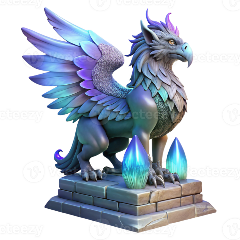 vibrant abstract A majestic griffin with iridescent feathers, perched atop a crumbling obsidian tower, lit by ethereal moonlight. Art Nouveau style authentic png