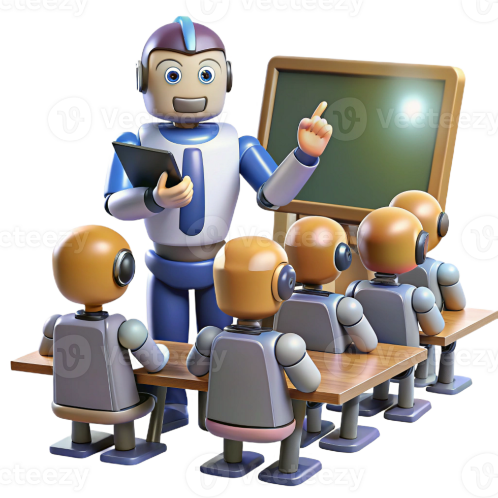 wonderful traditional A robot teacher instructing a class of robot students, lit by bright classroom lights in a cartoon style genuine png