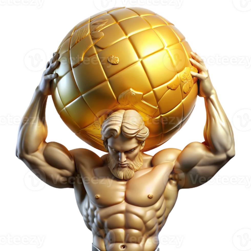 magnificent contemporary A powerful titan, Atlas, holding the celestial sphere on his shoulders, struggling under its immense weight. Divine, golden lighting. Renaissance style professional png