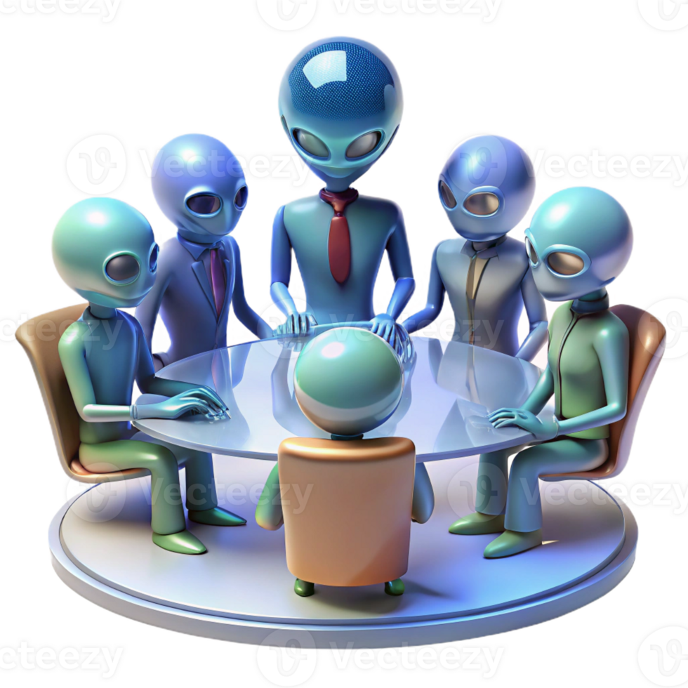elegant creative A group of alien diplomats gathered around a holographic table, diverse and exotic designs, formal and dignified, photorealistic style genuine png