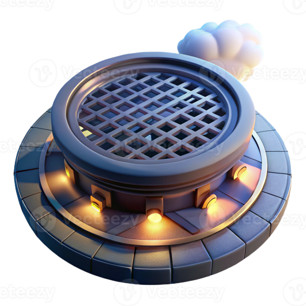 impressive classic A steamy manhole cover in the middle of a busy street, illuminated by the headlights of passing cars. Urban grit style, night lighting high resolution png