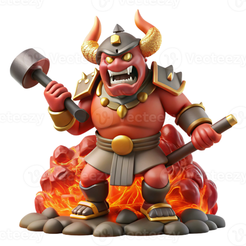 stunning vintage A fierce oni, a Japanese ogre, wielding a giant kanabo club in a fiery landscape. Hellish, fiery lighting. Manga style authentic png