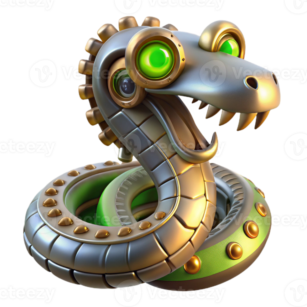 beautiful contemporary A menacing steampunk snake, metallic scales and gears, glowing yellow eyes, eerie green lighting authentic png
