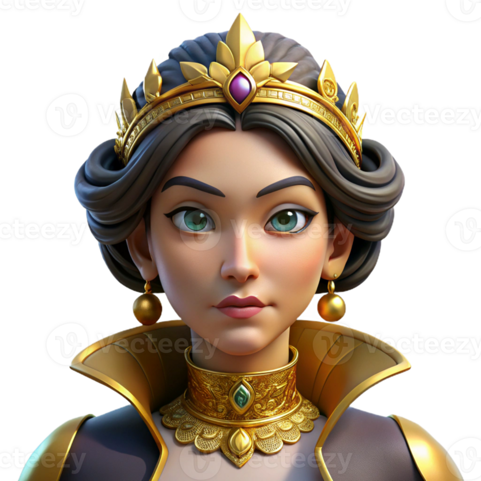 magnificent minimalist Portrait of a regal queen with an elaborate headdress of gold and jewels, a stern expression on her face. Dramatic chiaroscuro lighting authentic png