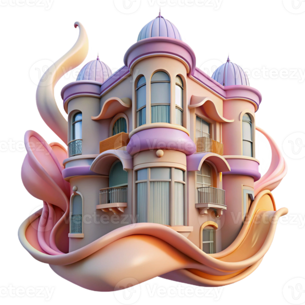 vibrant creative Art Nouveau apartment building, flowing lines, floral motifs, pastel colors, Alphonse Mucha style, authentic png