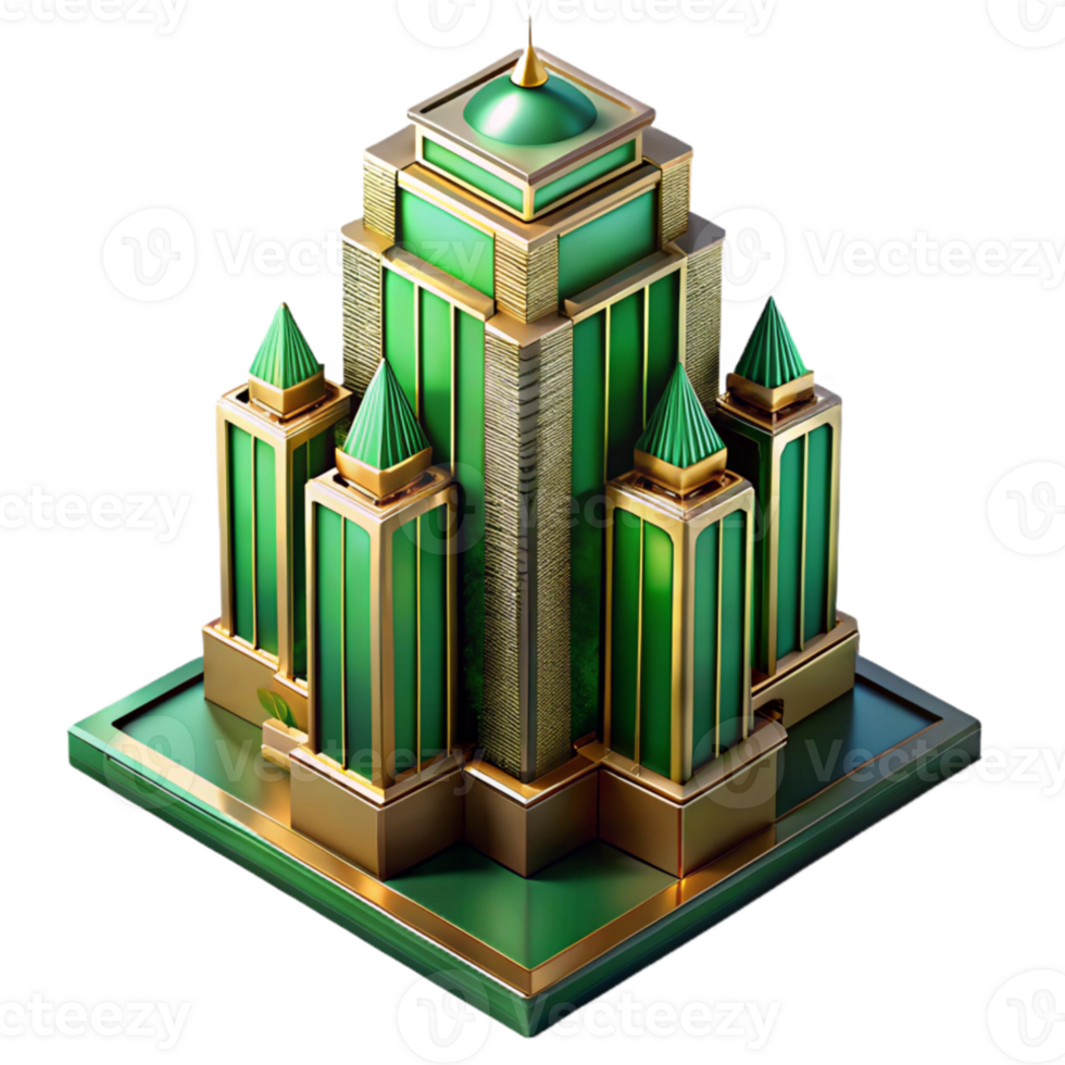 serene rustic Art Deco skyscraper, emerald green and gold accents, sunset lighting, highly polished surfaces, intricate geometric patterns, isometric view original png