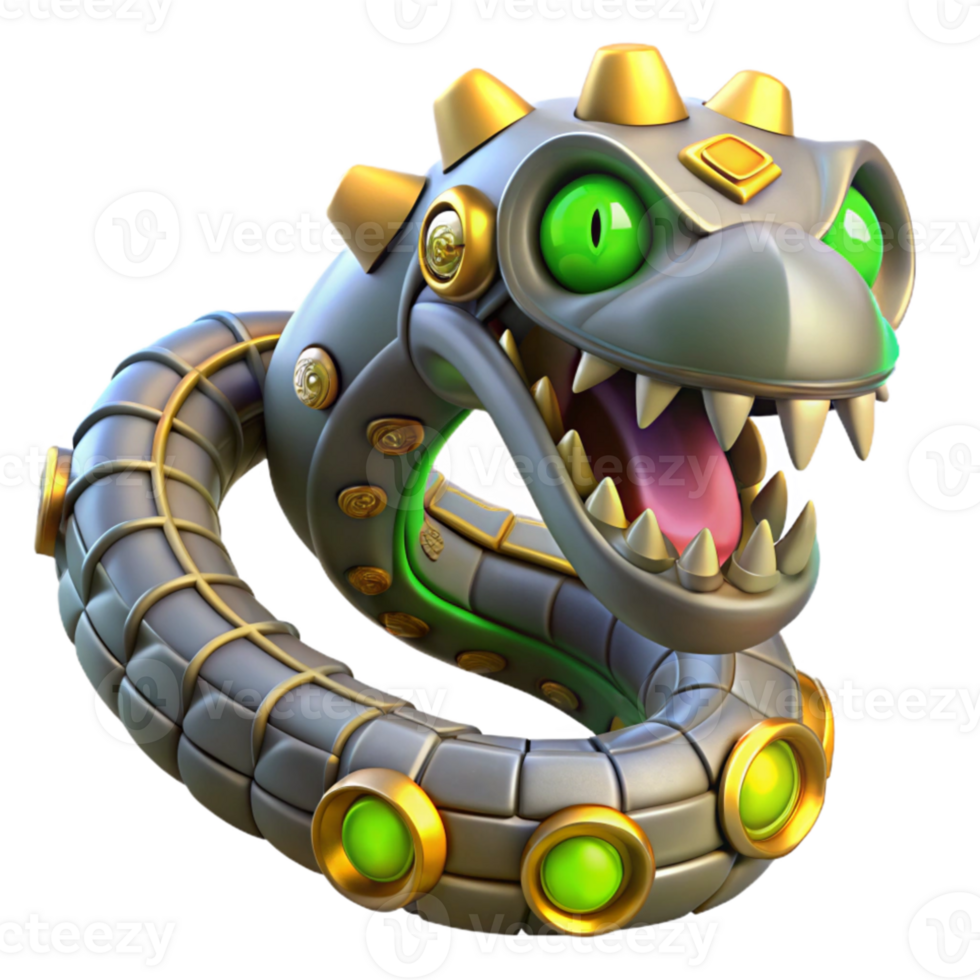 serene rustic A menacing steampunk snake, metallic scales and gears, glowing yellow eyes, eerie green lighting genuine png