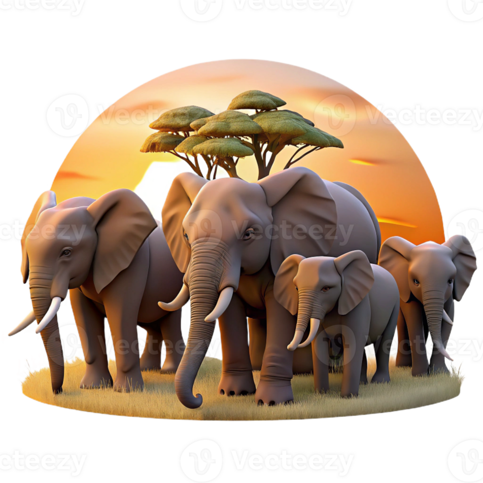 vibrant vintage A herd of elephants migrating across the African savanna during sunset, depicted in a realistic style with warm, golden light and long shadows genuine png