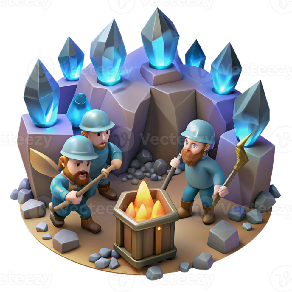 impressive traditional A group of dwarves mining for gems in a deep, cavernous mine, illuminated by glowing crystals. Cool, crystalline lighting. Realism style detailed png