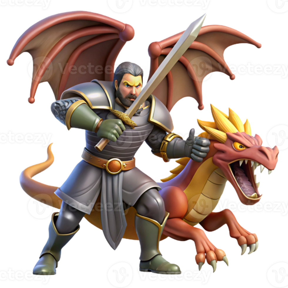 stunning rustic A noble knight battling a fearsome dragon, his sword raised in defiance. Dynamic action scene, dramatic lighting. Fantasy art style original png