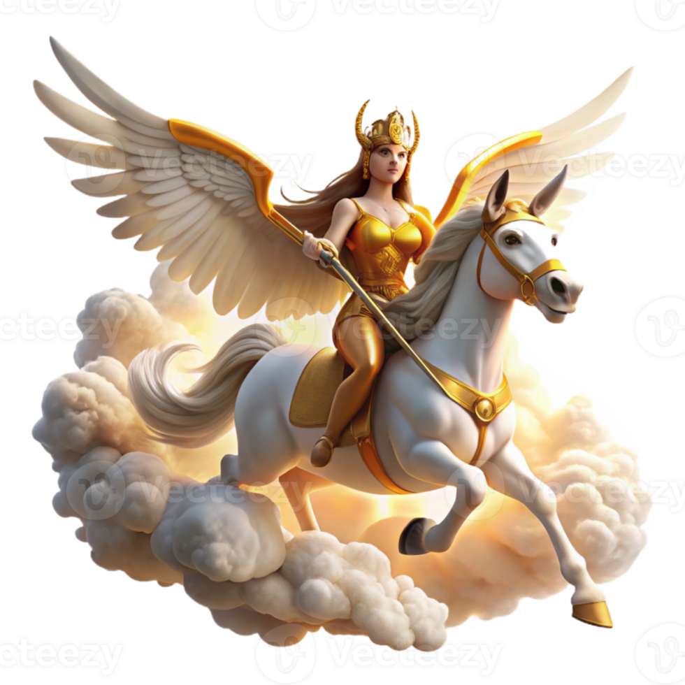 vibrant modern A fierce Valkyrie riding her winged horse through the clouds, bathed in the golden light of Valhalla, in a Norse mythology inspired style high resolution png