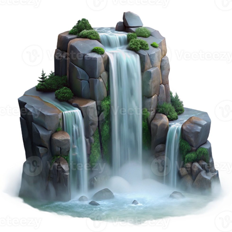 wonderful modern A waterfall cascading down a rocky cliff, misty atmosphere, long exposure photography, serene and peaceful high resolution png