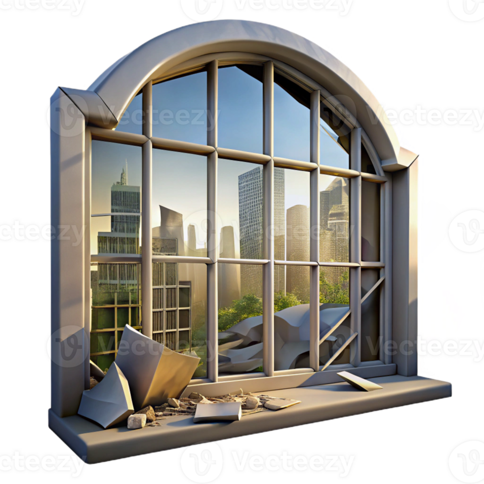 magnificent contemporary A broken window in an abandoned building, reflecting a distorted view of the cityscape. Urban decay style, natural lighting detailed png