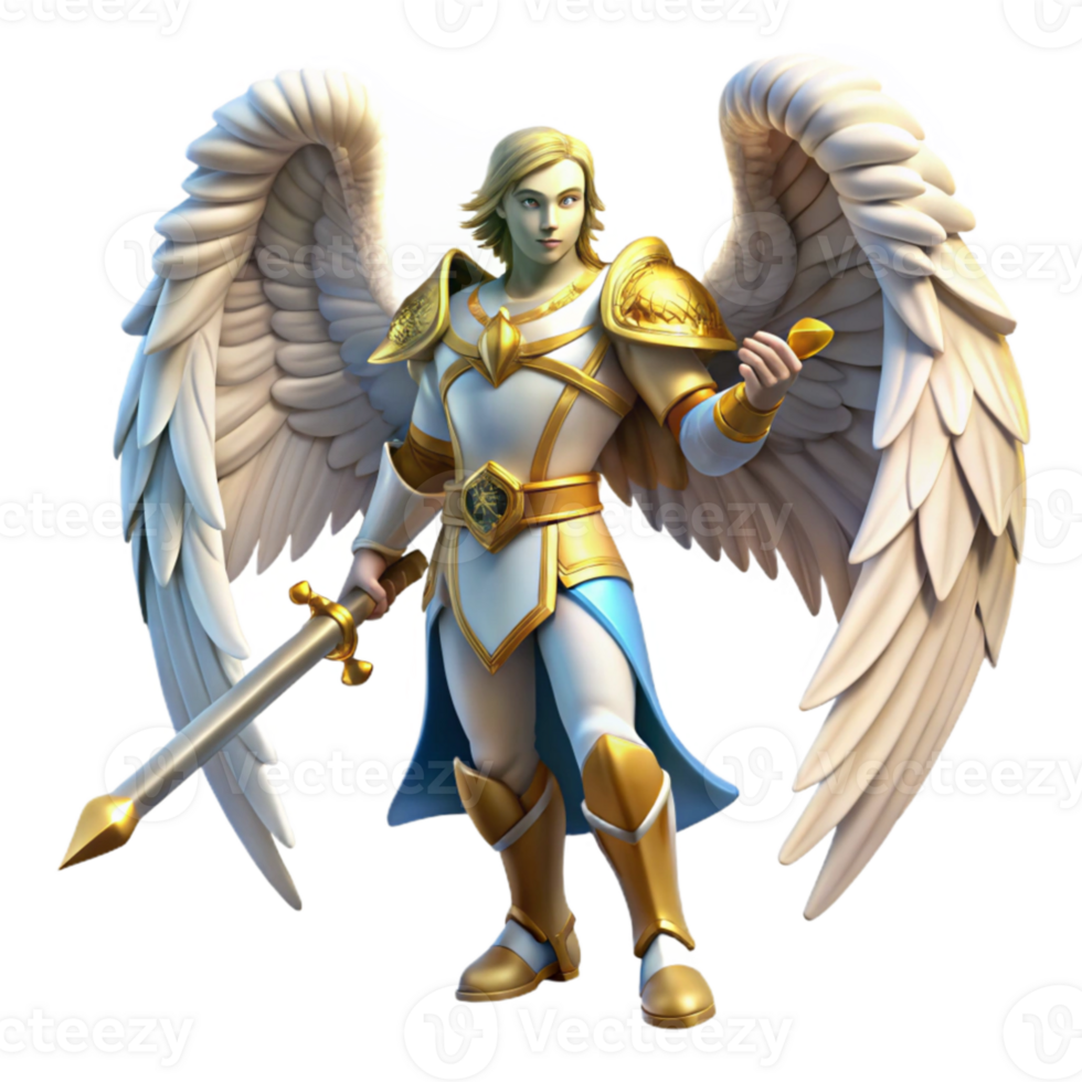 magnificent traditional A powerful archangel with feathered wings, wielding a celestial sword. Biblical art style premium png