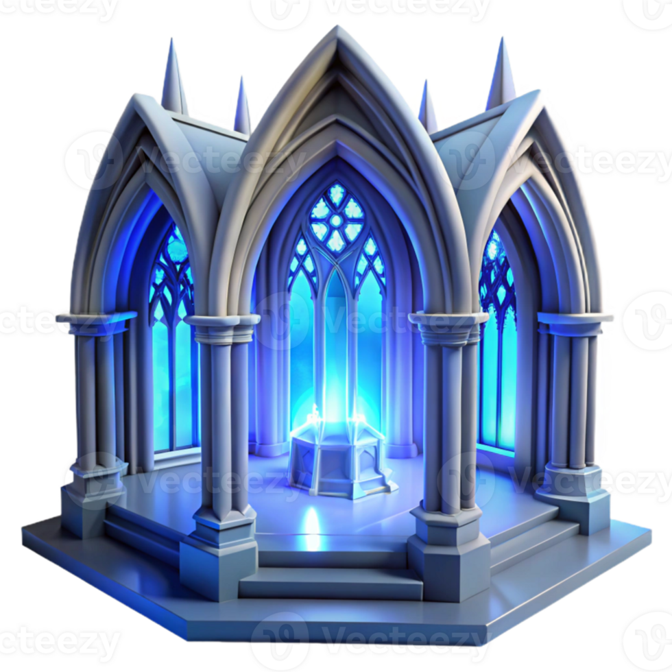vibrant abstract Gothic cathedral interior, stained glass depicting abstract patterns, ethereal blue light, volumetric fog, hyperrealistic, photorealistic, authentic png