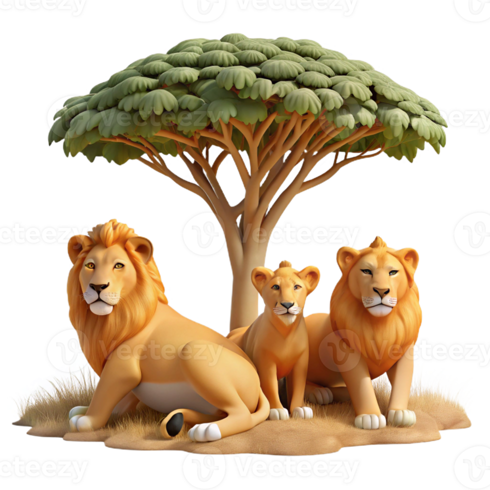 elegant creative A pride of lions resting under the shade of an acacia tree on the African savanna, bathed in warm afternoon light, in a photorealistic style premium png