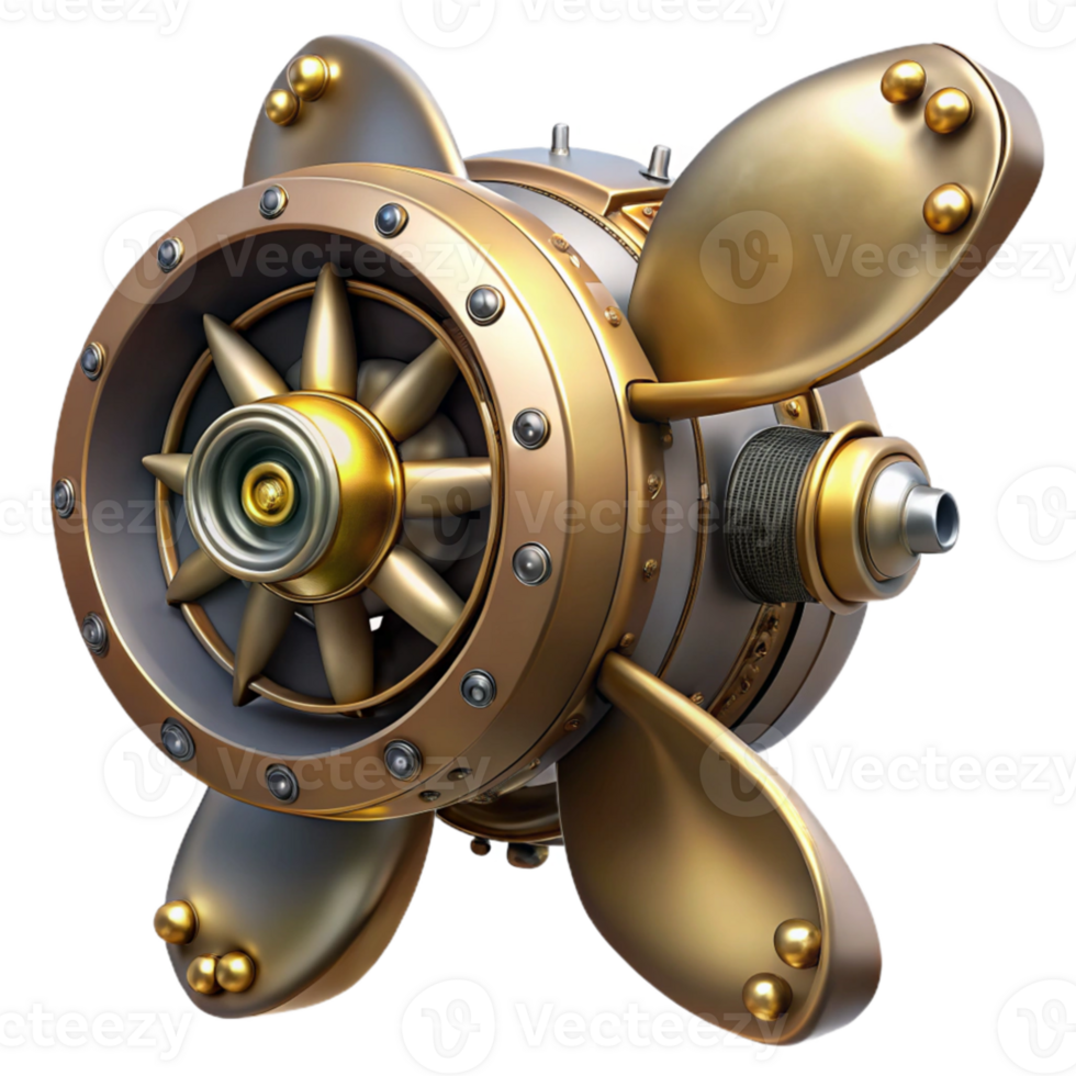 vibrant minimalist A powerful steampunk airship propeller, massive brass blades, intricate gears and mechanisms, dynamic, high-contrast lighting professional png