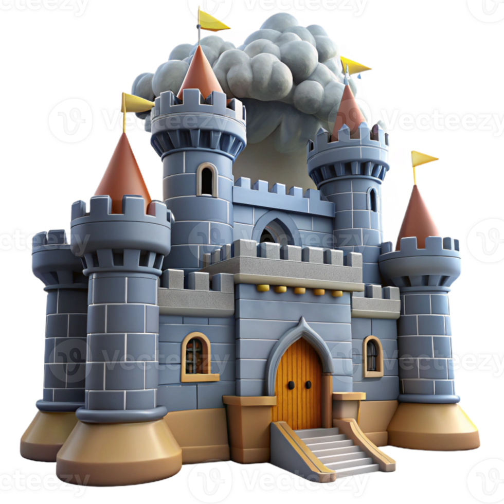 stunning contemporary Medieval castle, stone walls and towers, drawbridge, dramatic stormy sky lighting, fantasy illustration style 4K png