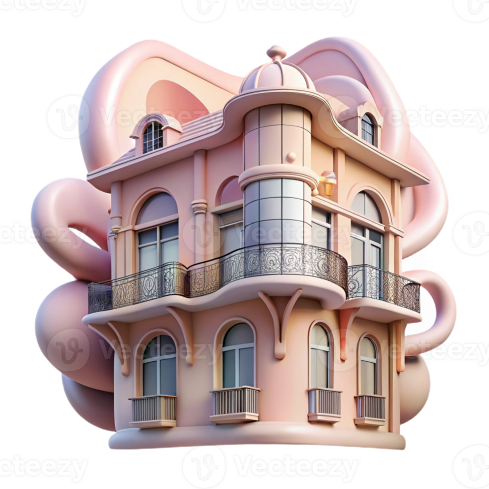 dramatic abstract Art Nouveau apartment building, flowing organic lines, decorative ironwork, pastel color palette, soft morning light authentic png