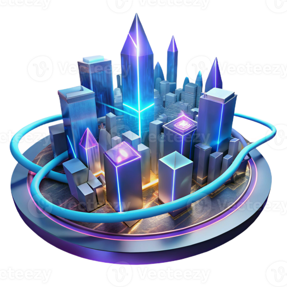 impressive minimalist A futuristic cityscape made of interconnected crystals and neon light trails, illuminated by a pulsating, chromatic glow, Cyberpunk style professional png