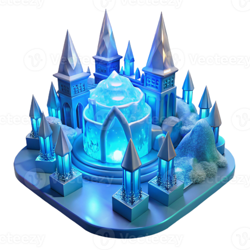 stunning artistic Ice palace, intricate ice sculptures, glowing blue light, winter wonderland, fantasy art, authentic png