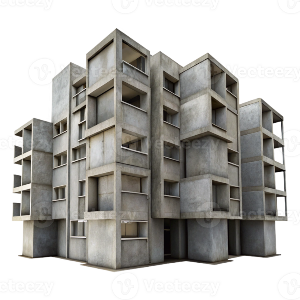 beautiful classic Brutalist concrete apartment complex, repetitive modular units, exposed concrete textures, overcast sky, gritty urban photography style 4K png