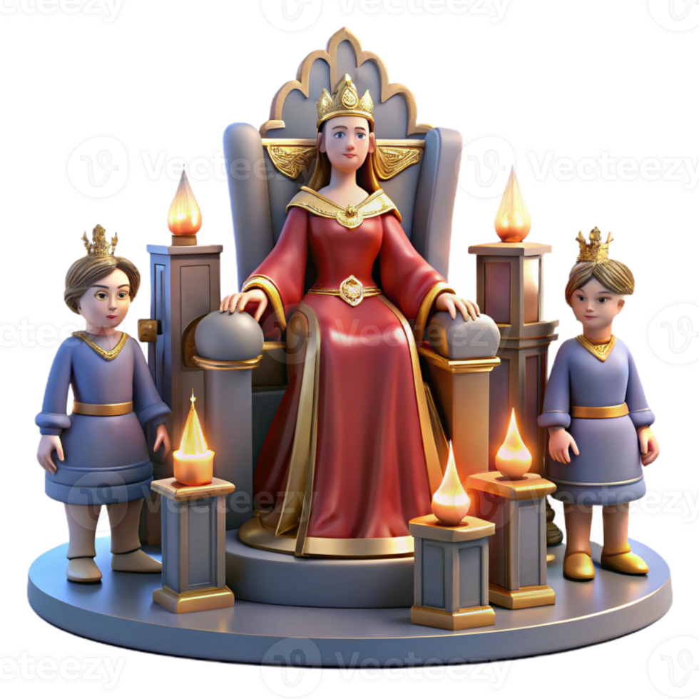 impressive artistic A medieval queen sits on her throne, surrounded by courtiers, rich, opulent lighting, historical painting style high quality png