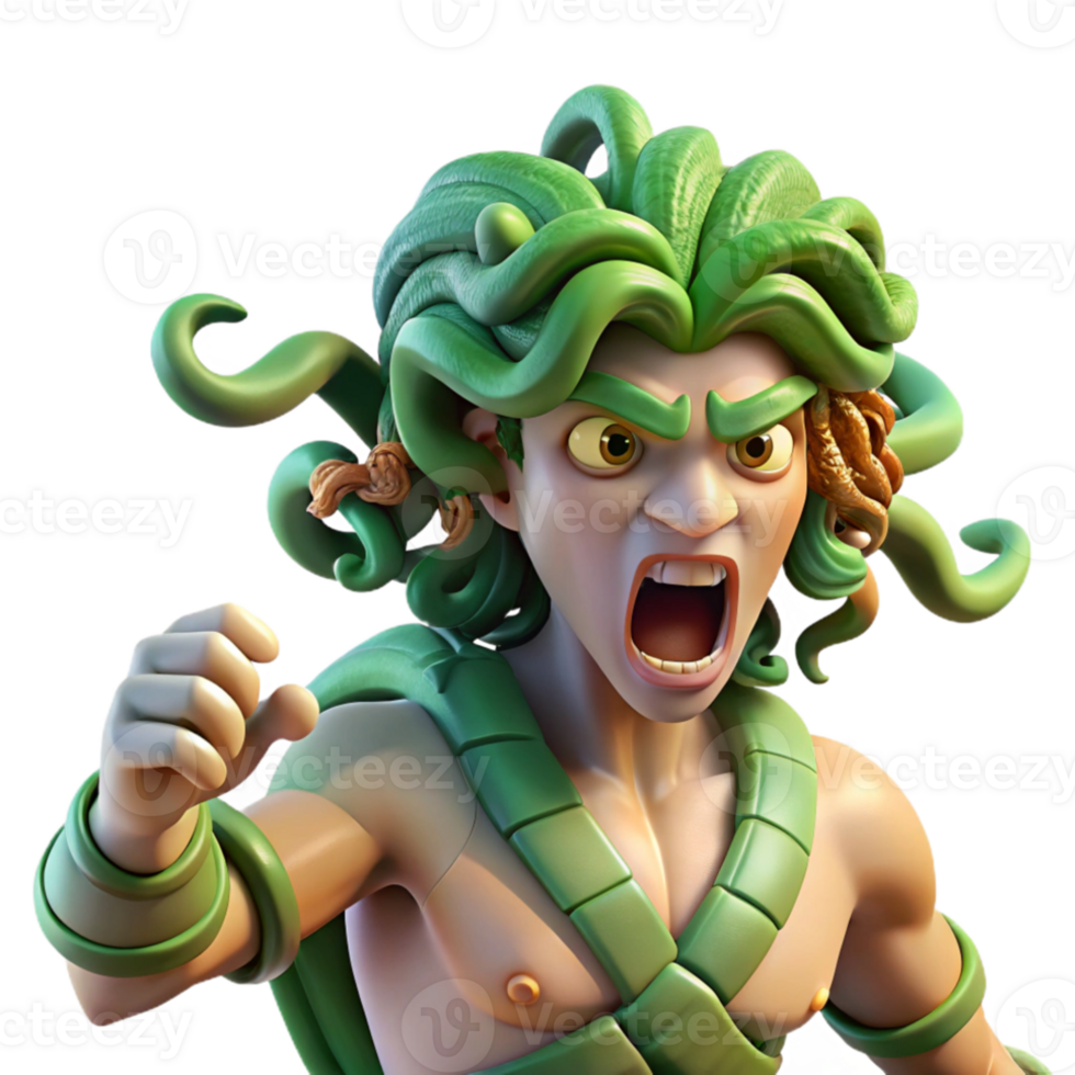 vibrant classic A fierce gorgon, her serpentine hair writhing, turning a warrior to stone. Detailed scales, dynamic pose. Baroque style high quality png