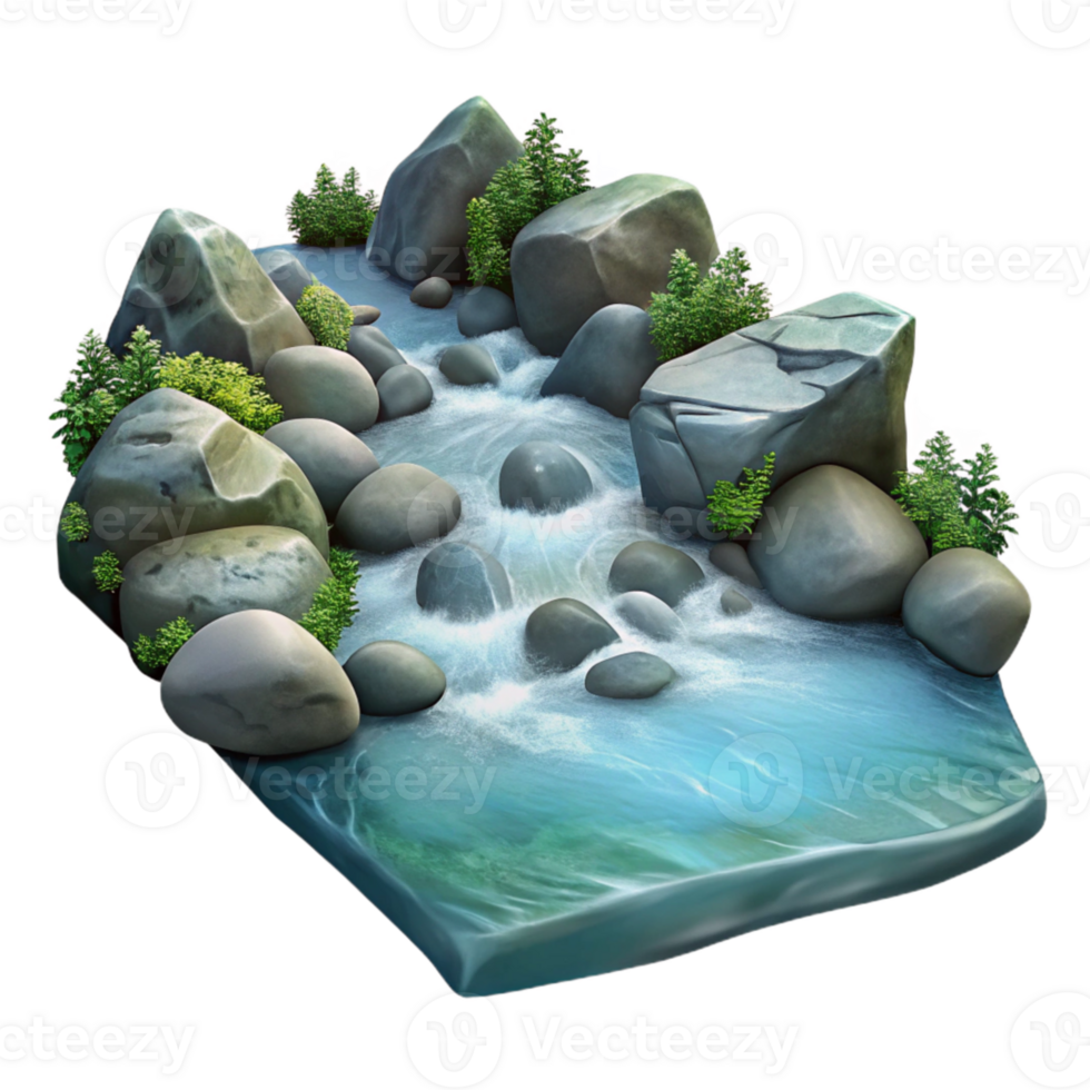 wonderful contemporary A crystal-clear mountain stream flowing over polished stones, reflecting the surrounding trees, photorealistic style high quality png