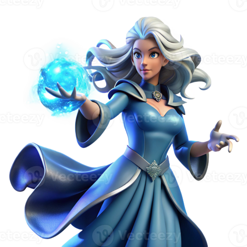vibrant classic A powerful sorceress with flowing silver hair, casting a spell of shimmering blue energy. Art Deco style premium png