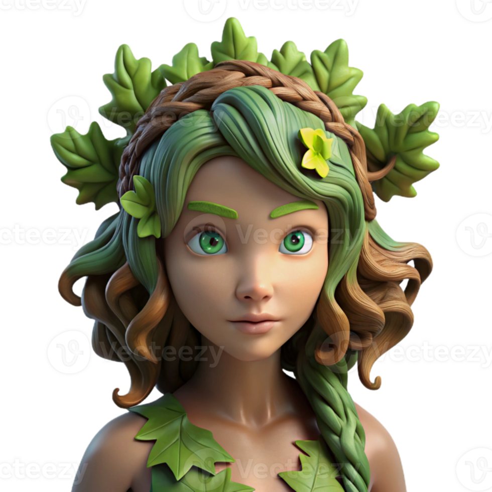 magnificent modern A dryad emerging from an ancient oak, her skin crafted from bark and moss, her hair a cascade of leaves. Sunlight dappling through the unseen canopy. Pre-Raphaelite style authentic png