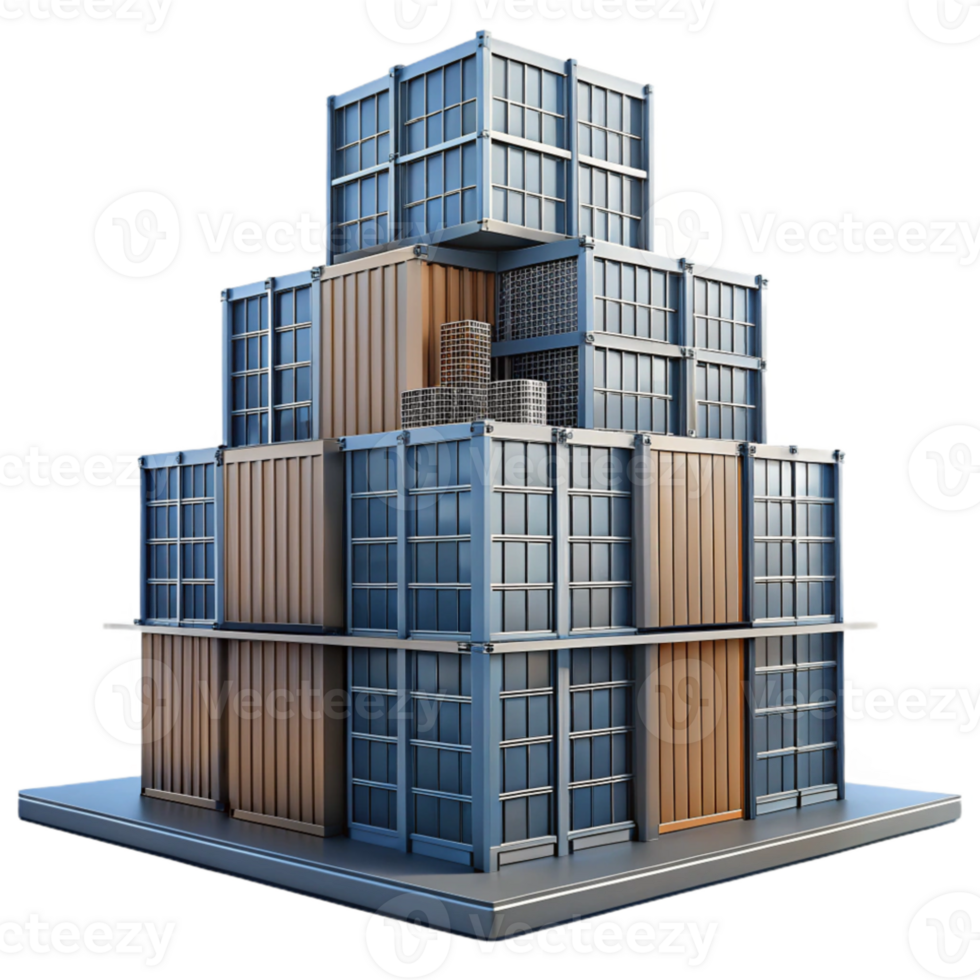 impressive classic Conceptual skyscraper made of interconnected shipping containers, industrial aesthetic, urban setting, overcast daylight genuine png