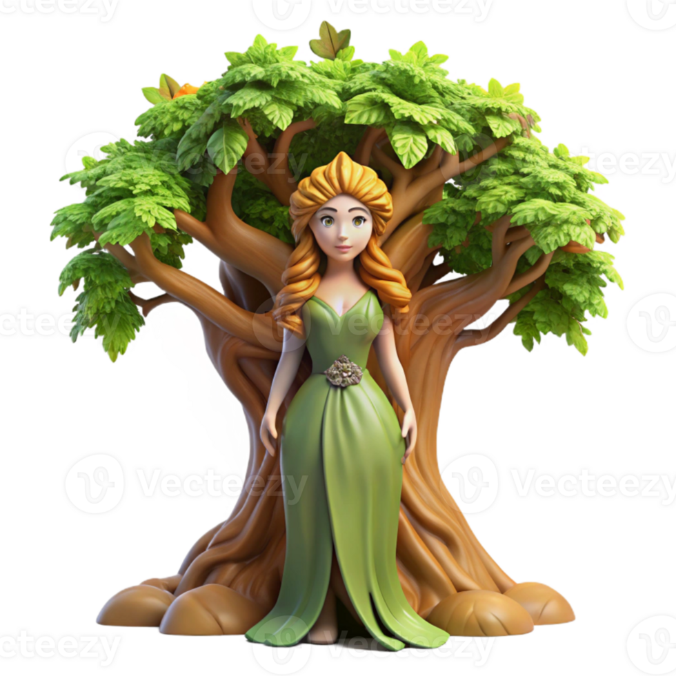 magnificent vintage A serene dryad emerging from an ancient oak tree, dappled sunlight filtering through the leaves, in a Pre-Raphaelite style professional png