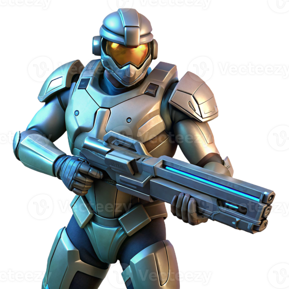 vibrant creative A futuristic soldier in power armor, holding a plasma rifle, heroic pose, cinematic lighting, concept art style high quality png